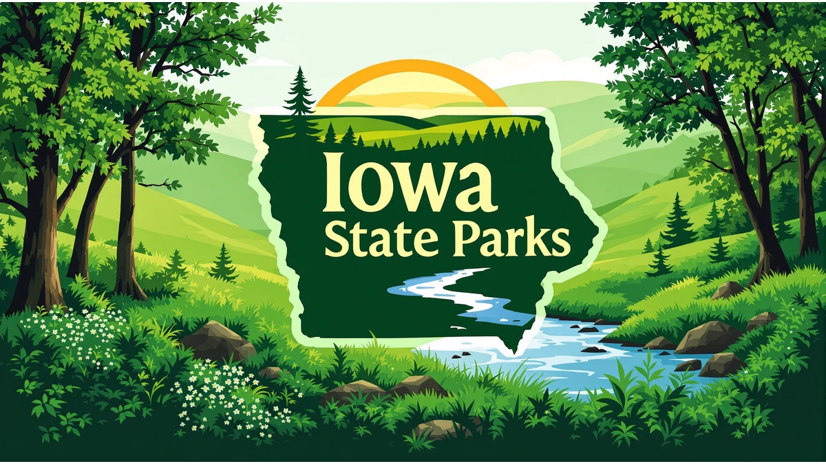 Illustration of a green landscape with trees, hills, a stream, and a sun, featuring a sign that says “Iowa State Parks” in the shape of the state of Iowa.