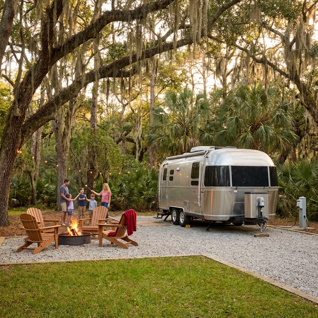 Shaded campsite with RV under live oaks at Hunting Island State Park