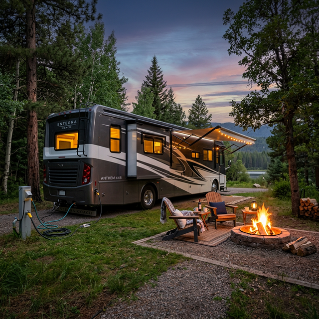 Large modern RV parked in a grassy, tree-shaded campsite with full hookups at Baraga State Park