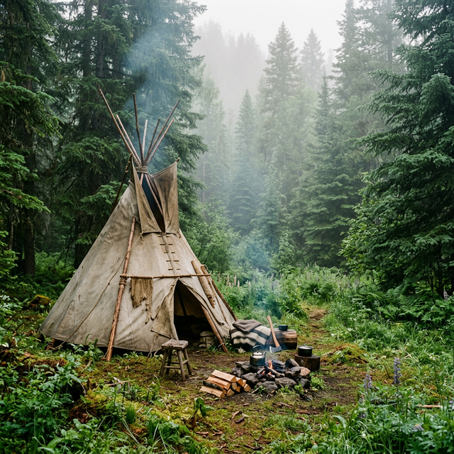 Rustic canvas tepee in a lush green northern forest clearing
