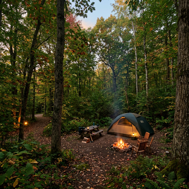 Secluded tent campsite nestled in thick hardwood forest at Bewabic State Park