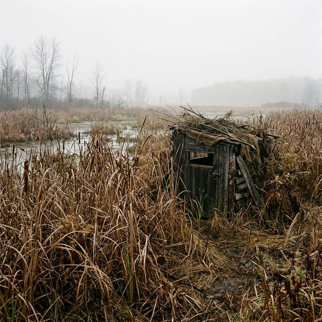 Photorealistic rustic deer hunting blind hidden in an untamed wetland border in southern Michigan