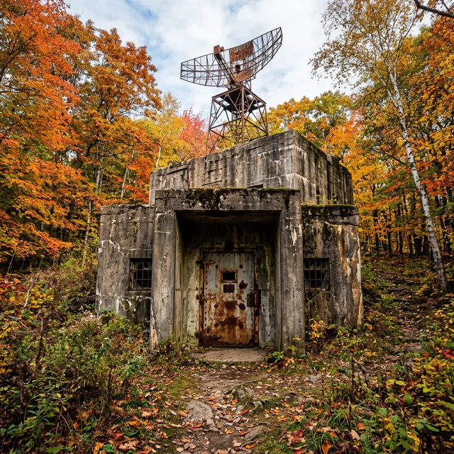 Historical Cold War blockhouse radar ruins hidden in the autumn forest at Above All State Park, CT