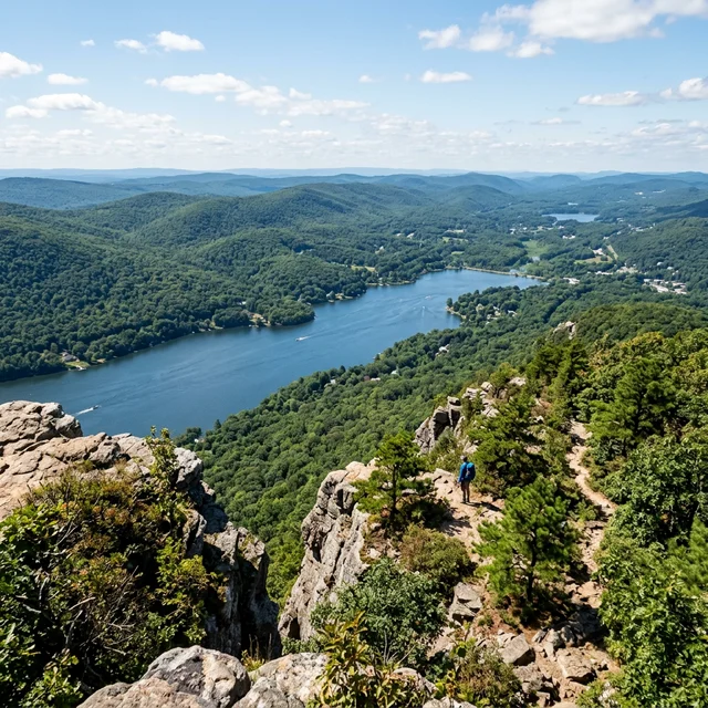 Sweeping view of Greenwood Lake from the cliffs of Bearfort Mountain