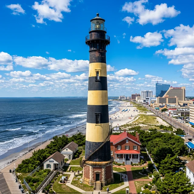 The historic black and yellow Absecon Lighthouse against a blue sky in Atlantic City, New Jersey