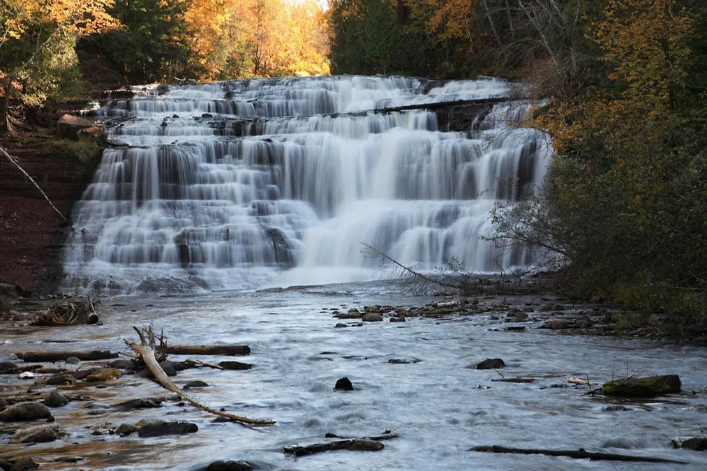 Agate Falls cascading over rock ledges in autumn, Agate Falls Scenic Site, Michigan