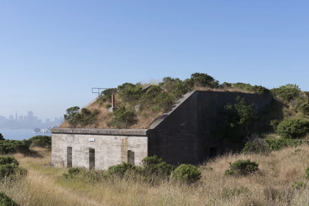 Angel Island State Park 3 Old concrete military battery on Angel Island with the San Francisco skyline in the distance, California