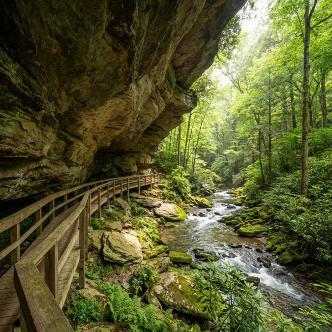 Wooden boardwalk beneath Alum Cave rock overhang with Middle Fork River at Audra State Park West Virginia