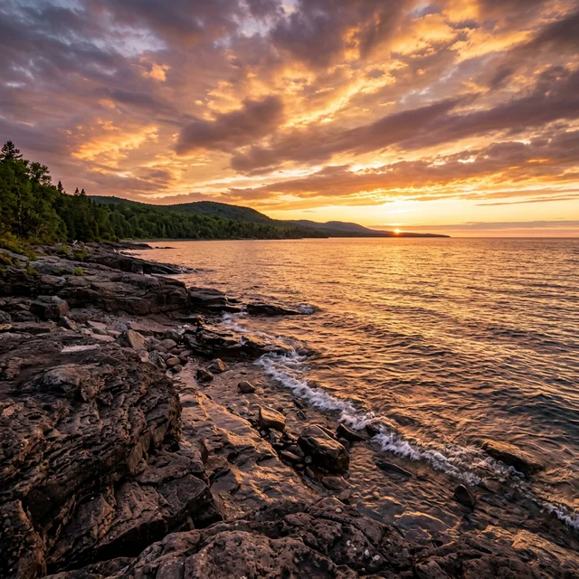 Photorealistic Keweenaw Bay shoreline at Baraga State Park at sunset