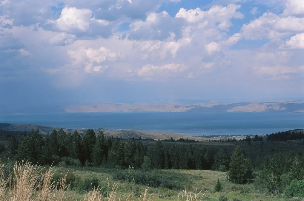 Bear Lake seen from the US-89 overlook above the Utah shore, home of Bear Lake State Park