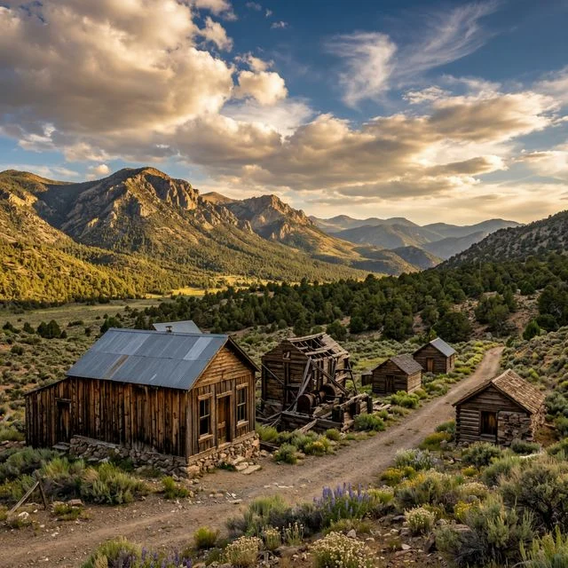 Berlin-Ichthyosaur State Park in Nevada with ghost town buildings and desert mountains