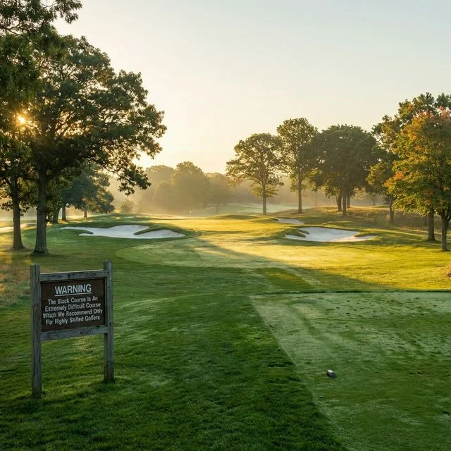 Bethpage Black Course championship golf hole with bunkers and morning dew Long Island