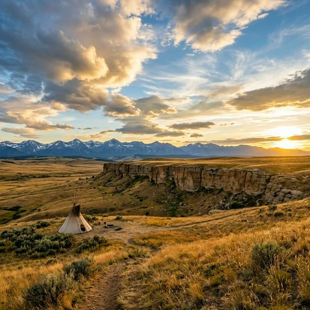 First Peoples Buffalo Jump State Park in Montana with sandstone cliffs and the Rocky Mountain Front