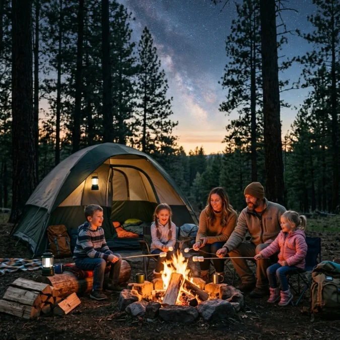 Family camping around a fire