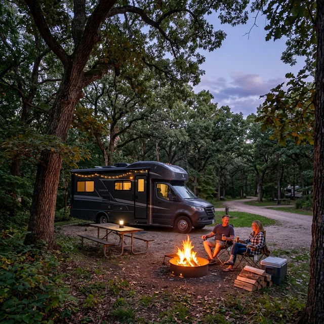 Class A RV camping under oak trees with a campfire at Carlyle Lake