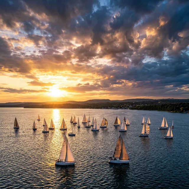 Sailboats on Carlyle Lake during a golden hour sunset
