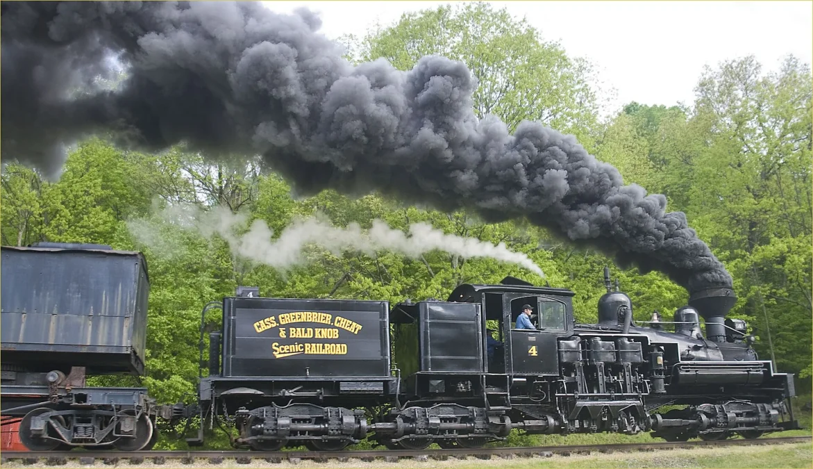 Cass Scenic Railroad State Park 11 Shay steam locomotive belching black smoke through green forest, Cass Scenic Railroad State Park, West Virginia