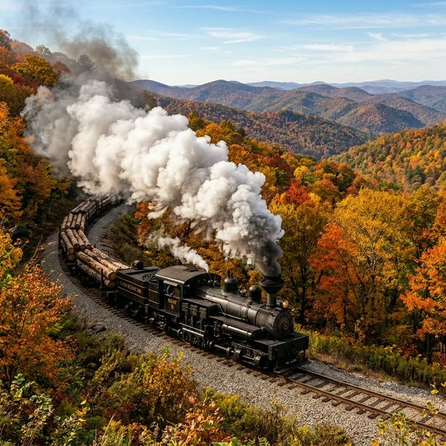 Cass Scenic Railroad State Park in West Virginia with a vintage Shay locomotive