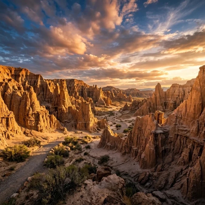 Cathedral Gorge State Park 5 Eroded siltstone spires at Cathedral Gorge State Park Nevada at sunset