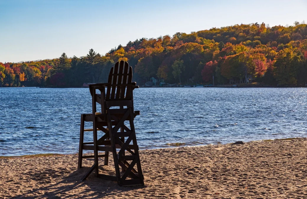Cranberry Lake Campground and Day Use Area 34 Lifeguard chair on the beach at Cranberry Lake in autumn, New York