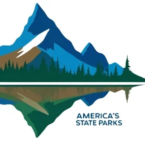 Logo featuring a stylized mountain, pine trees, and their reflection in water, with the text 