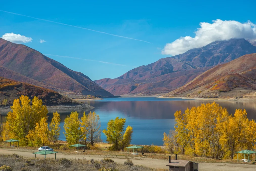 Deer Creek State Park 2 Deer Creek Reservoir below the Wasatch peaks with golden autumn cottonwoods, Deer Creek State Park, Utah