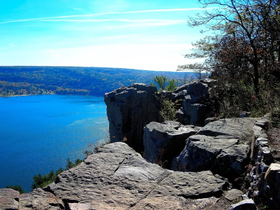 Devil’s Lake seen from the quartzite bluffs above the shore, Devil’s Lake State Park, Wisconsin