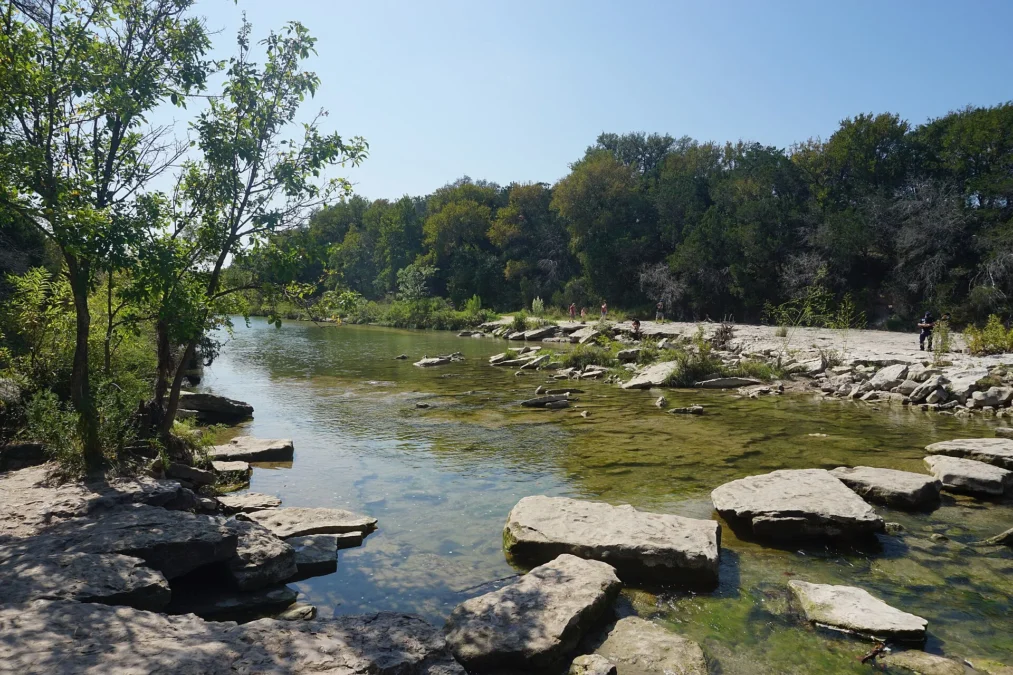 Dinosaur Valley State Park 26 Paluxy River flowing over flat limestone ledges between trees, Dinosaur Valley State Park, Texas