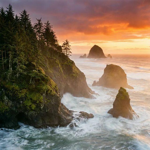 Ecola State Park Oregon dramatic coastal headland with sea stacks at sunset