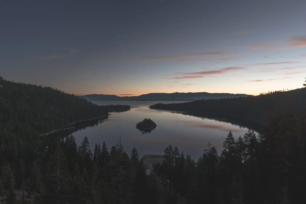 Emerald Bay State Park 38 Emerald Bay and Fannette Island at dusk, Lake Tahoe, California