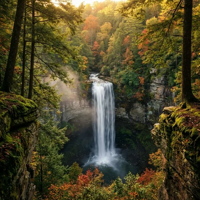 Fall Creek Falls Tennessee 256-foot waterfall plunging into gorge surrounded by autumn forest