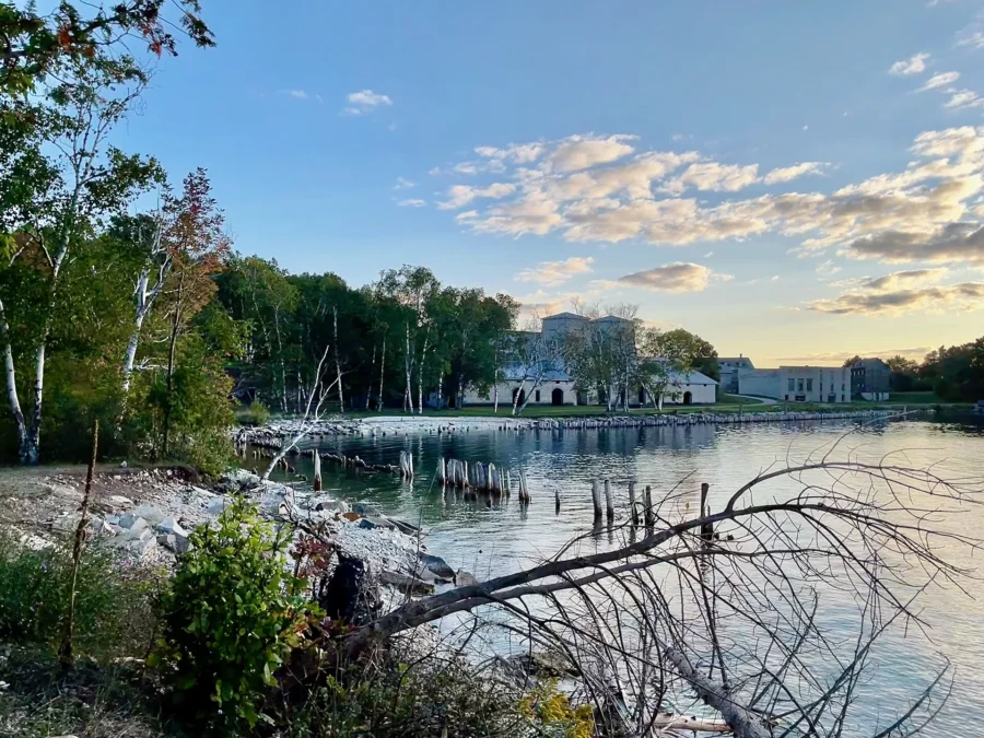 Historic furnace buildings across Snail Shell Harbor at Fayette Historic State Park, Michigan