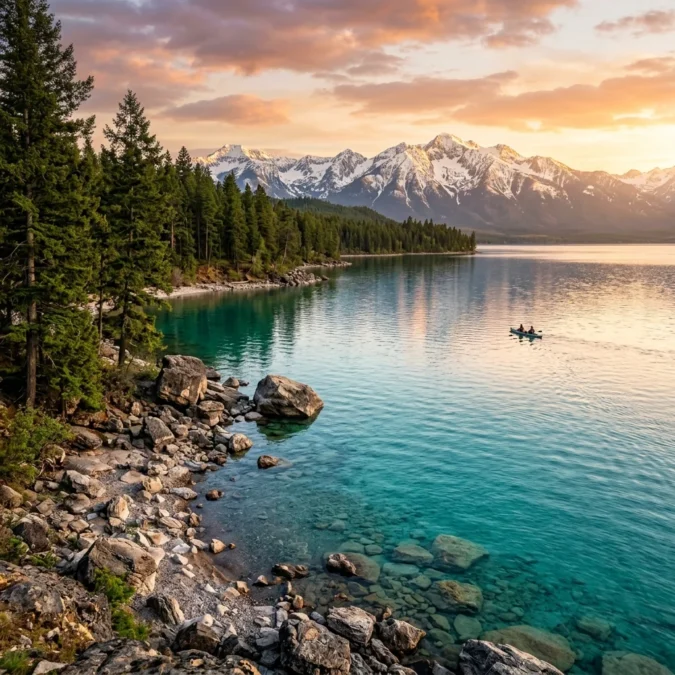 Crystal clear turquoise Flathead Lake with Mission Mountains at sunset Montana
