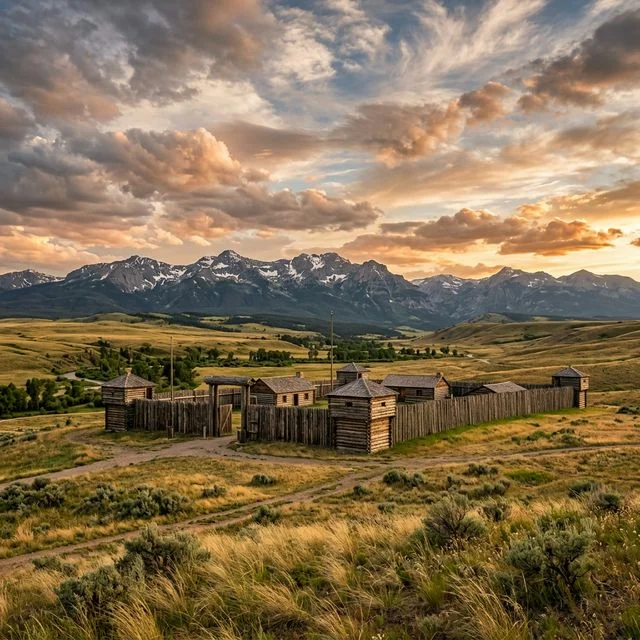 Fort Phil Kearny State Historic Site in Wyoming with the Bighorn Mountains in the background