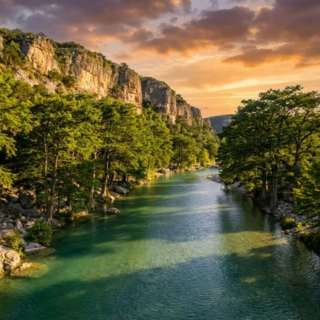 Crystal clear Frio River at Garner State Park during golden hour