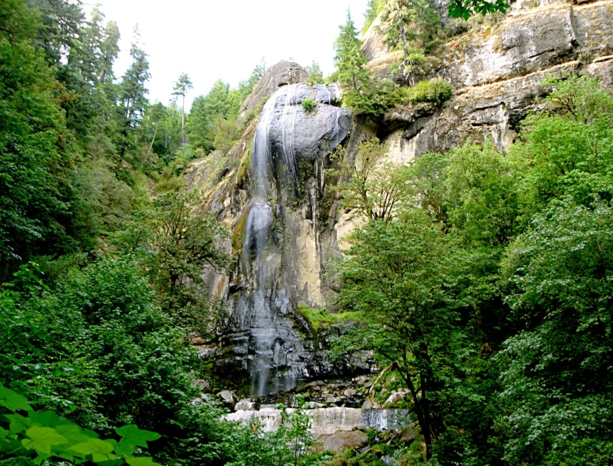 A waterfall pouring over a moss-covered rock face at Golden and Silver Falls State Natural Area, Oregon