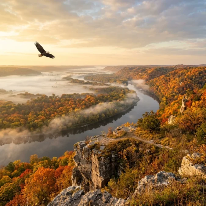 Panoramic fall view from Great River Bluffs overlooking Mississippi River Valley with eagle