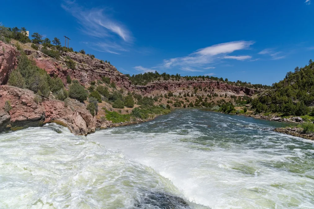 North Platte River flowing through the valley below Guernsey Dam near Guernsey, Wyoming
