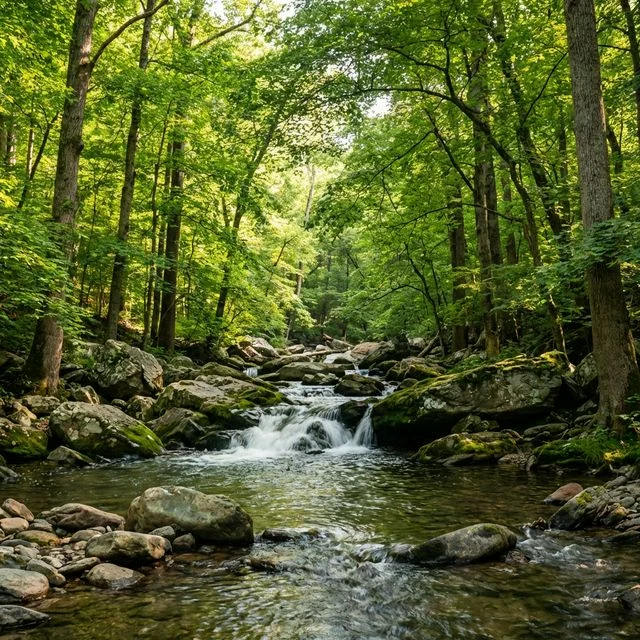 Rushing creek cascading over boulders through lush hardwood forest at Gunpowder Falls State Park Maryland