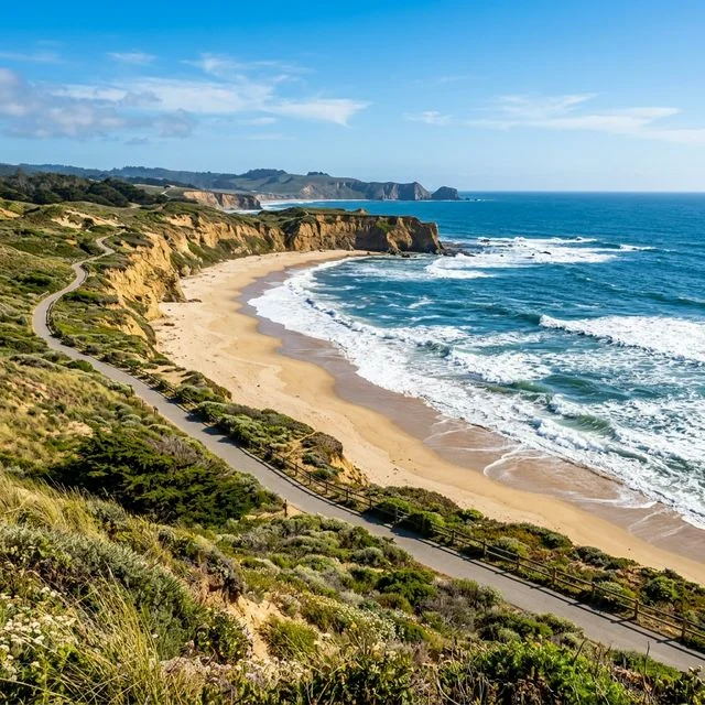 Half Moon Bay State Beach 1 Half Moon Bay State Beach in California featuring a scenic coastline and the Pacific Ocean