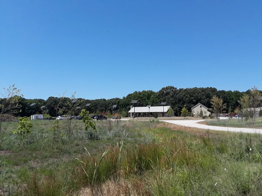 Harriet Tubman Underground Railroad State Park 15 Visitor center pavilion beyond a meadow of native grasses, Harriet Tubman Underground Railroad State Park, Maryland