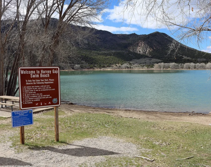 Harvey Gap State Park 3 Swim beach and park sign at Harvey Gap State Park on Grass Valley Reservoir, Colorado