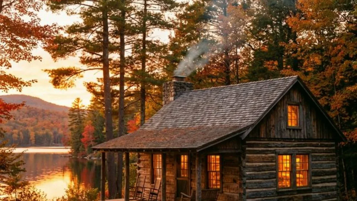 Rustic log cabin by a lake in a state park