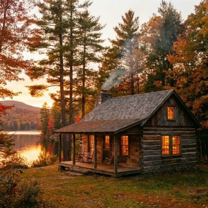 Rustic log cabin by a lake in a state park