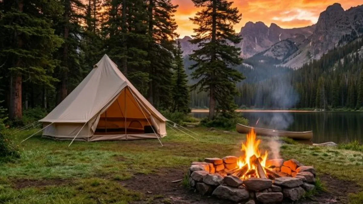 Campsite with tent by lake at sunset in a state park
