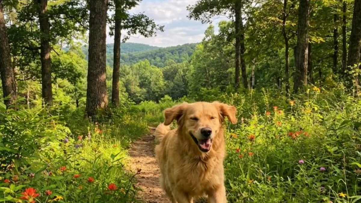 Golden retriever on a nature trail in a state park