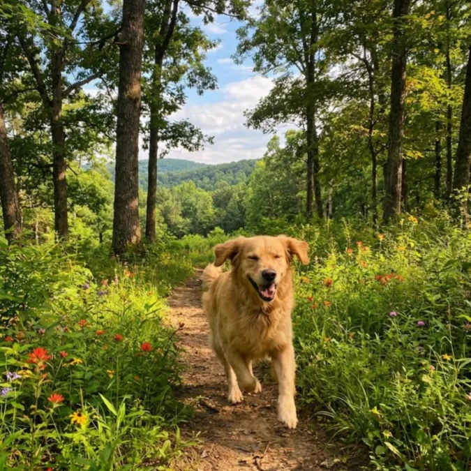 Golden retriever on a nature trail in a state park
