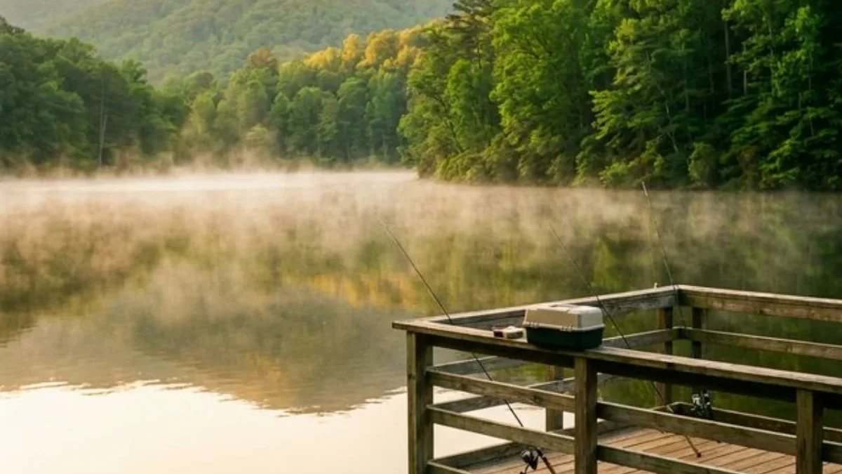 Fishing pier on a misty lake at sunrise in a state park