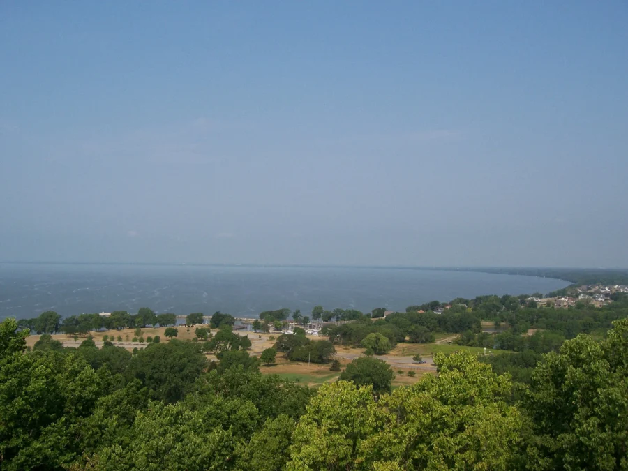 Lake Winnebago seen over treetops from the escarpment at High Cliff State Park, Wisconsin