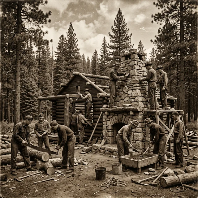 Vintage sepia photo of CCC workers building a stone and wood cabin in a forest during the 1930s